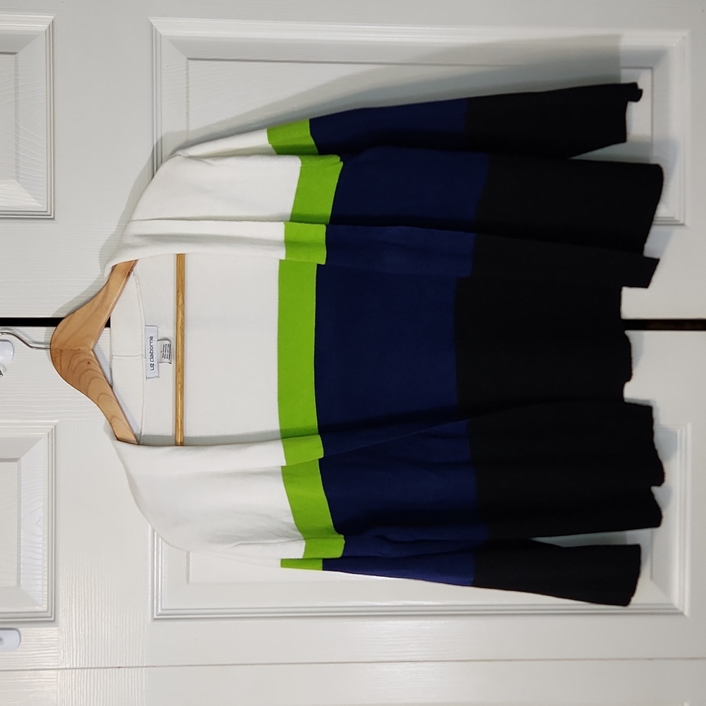 Liz Claiborne Colorful Striped Open Front Cardigan SZ LG Shawl Collar Colorblock